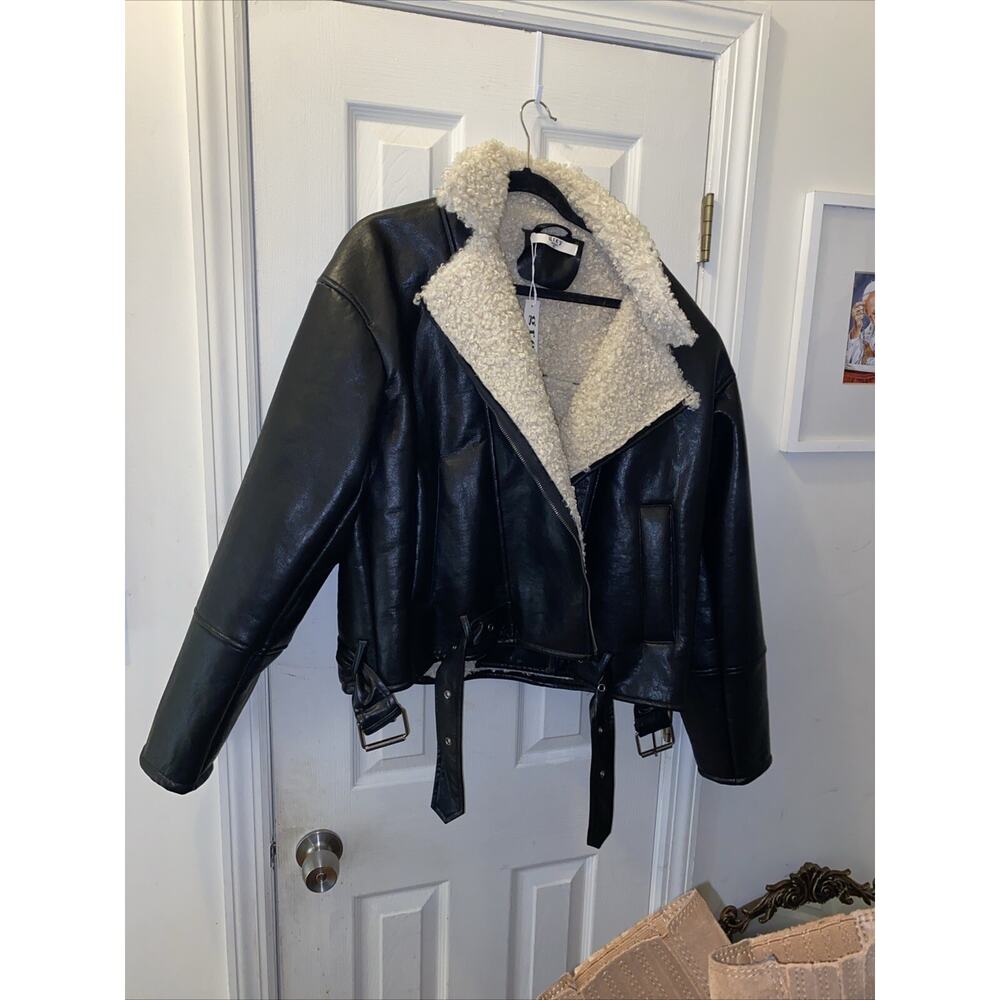 NWT Black Bandit & Cream Faux Leather Aviator Jacket W/ Faux Sherpa Lining XXL